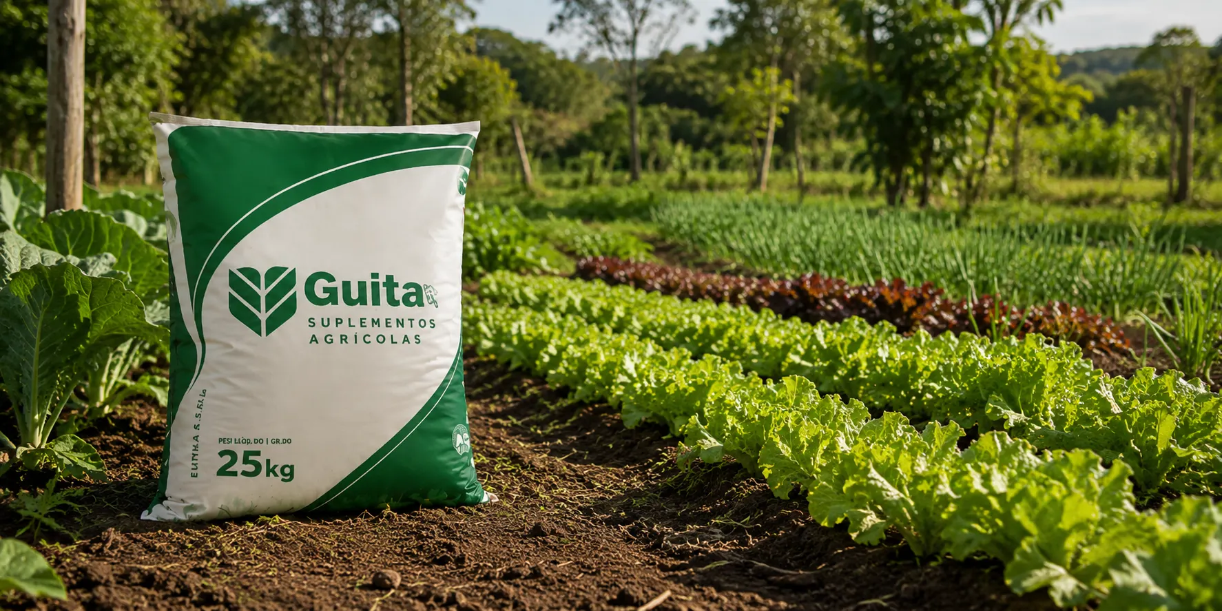 Saco pequeno de 25 kg ao lado de uma horta realista