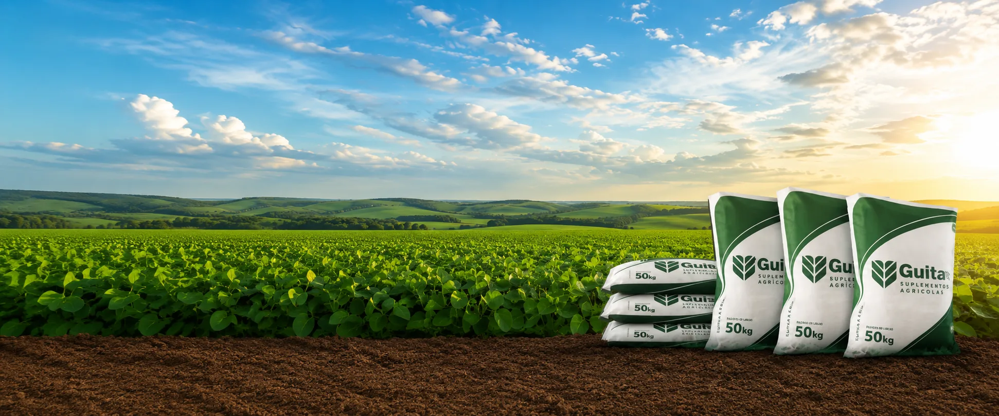 Campo agrícola com sacarias GUITA sobre o solo